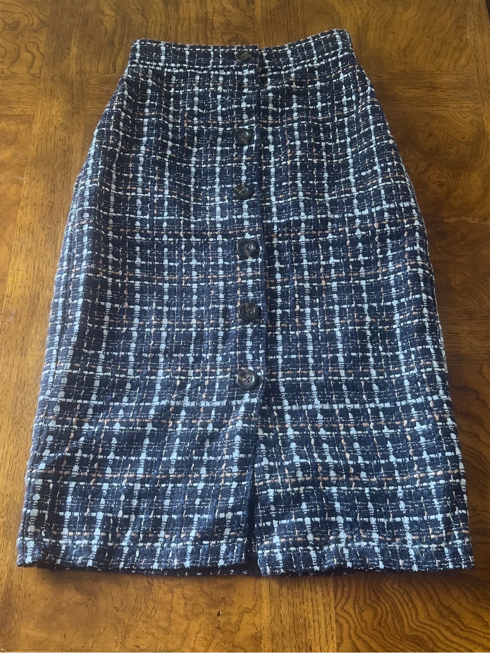 Ann Taylor Tweed Button Front Knee Length Pencil Straight Skirt Sz 0 Career Work
